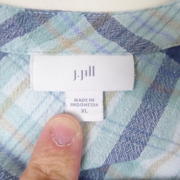 J Jill Shirt Womens SZ XL Long Sleeve Button Up Plaid V Neck Collarless Casual - Picture 4 of 11